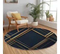 100 cm Moderne Tapis Rond Salon, Minimaliste Lignes Géométrie modèle Tapis de Sol Antidérapant pour Salon Chambre Cuisine Balcon Terrasse Salle à Manger Intérieur Extérieur, Noir Et Or