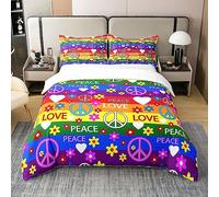 100% Coton Boho Vintage literie Ensemble Double, Hippie Paix Signe Housse de Couette pour Enfants, Funky des années 1960 1970 Groovy Fleur Housse de Couette rétro Arc-en-Ciel Rayures Housse