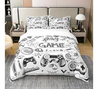 100% Coton Garçon Jeu Literie Set,Jeu Housse de Couette 140x200,Jeux Vidéo pour Garçons Parure de Lit,Jeu de Adolescent Gamepad Literie,Dessin Animé Style Illustration Couvre Lit,Noir Blanc