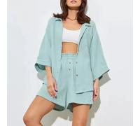 100% Cotton Gauze Muslin Sets Pajamas for Women 2 Pieces Half Sleeve Shirts Top + High Wasit Short Casual Tracksuit Outfit Pjs Green
