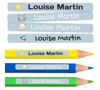100 étiquettes adhésives personnalisées pour crayons, stylos et marqueurs. Autocollants scolaires avec nom pour marquer les objets. Stickers imperméables pour l'école. Mesure 4,6 x 0,6 cm