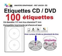 100 étiquettes CD DVD autocollante autocollant diamètre 117 mm trou 17 mm livré avec curseur de placement feuille de 2 étiquettes