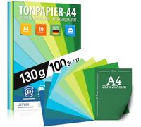 100 feuilles de PAPIER ARGILE - papier DIN A4-130g / m² Set 10 couleurs - papier kraft stable et feuilles colorées, feuilles enfants et bricolage, accessoires marine - vert - herbe - bleu océan
