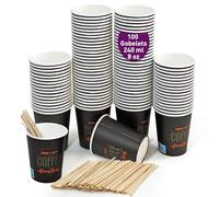 100 gobelets à café jetables 240 ml / 8 oz, gobelets jetables en carton avec agitateurs à café en bois. Pour les boissons chaudes et froides.