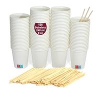 100 Gobelets à café jetables blancs de 240 ml / 8 oz avec agitateurs en bois, résistants, étanches et sans odeurs. Gobelets en carton jetables