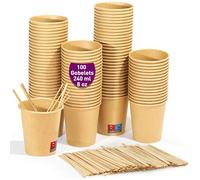 100 gobelets jetables kraft de 240 ml / 8 oz, gobelets en carton kraft jetables avec bâtonnets en bois pour café américain, café au lait et boissons rafraîchissantes. À emporter