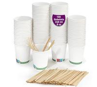 100 Gobelets Jetables pour Café 240 ml / 8 oz. Gobelets en Papier blanc à Usage unique, Avec Agitateurs en Bois, Idéales pour le Café et Boissons chaudes ou froides