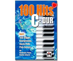 100 Hits in C Majeur Volume 5 - 100 Oldies, Evergreens, Chansons Rock-Folk-Pop pour Clavier, Piano, Guitare - Recueil de chansons avec pince à partitions en forme de cœur colorée