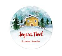 100 Joyeux Noël et Bonne Année Autocollant, aquarelle maison d'hiver dans la pinède Étiquettes,40mm Joyeuses Fêtes Stickers pour l'emballage cadeau,Sac bonbon,enveloppe - UNI 467 (Rouge)