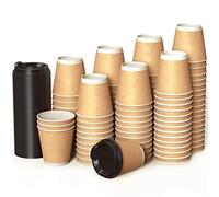 100 Kraft Plane Double Paroi Gobelets Carton pour Café à Emporter - Tasse 240ml avec Couvercles pour Servir Le Café, Le Thé, des Boissons Chaudes et Froides