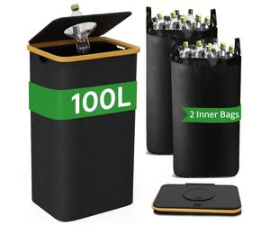 100 L Grande poubelle avec couvercle - 110 litres Poubelle de cuisine d'intérieur, livrée avec 1 doublure amovible et réutilisable, convient pour les bouteilles, les canettes, les plastiques et le ver