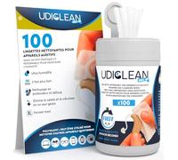 100 Lingettes Nettoyante Appareil Auditif Udiclean - Distributeur Économie d’Humidité Refermable - Lingettes Maxi et Résistantes pour Graisse Saleté Cérumen