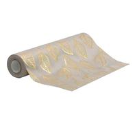 100%Mosel Chemin de Table d'automne Beige (28 cm x 5 m) - Aspect Velours Mat avec Feuilles d'automne imprimées en Or - Décoration de Table élégante pour Mariage, fête d'anniversaire et Occasions