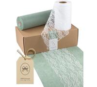 100%Mosel Kit Chemin de Table Vert Eucalyptus & Blanc - Chemin de Table Intissé (30 cm x 25 m) & Ruban Dentelle (15 cm x 25 m), 2 Rouleaux pour Mariage, Baptême, Communion