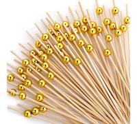 100 Pcs Brochettes Cocktail, Bâtonnets Cocktail, Bois Brochettes Cocktail Cure-Dents Brochettes en Bois pour Pique Aperitif, Fingerfood, Snacks, Déco Cocktail - 12cm (Perles d'or)