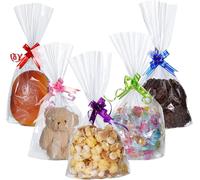 100 Pcs Sachet Bonbon Transparent,15 X 25cm Sachets Bonbons Anniversaire Noël Sachet Plastique Bonbon Avec 100 Noeuds De Couleurs Pour Emballage Bonbon Biscuit Chocolat De Noël