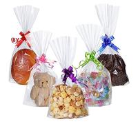 100 Pcs Sachet Bonbon Transparent, 15 x 25cm Sachets Bonbons Anniversaire Noël Sachet Plastique Bonbon avec 100 Nœuds de Couleurs pour Emballage Bonbon Biscuit Chocolat de Noël
