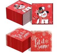 100 Pcs Serviettes de Table de Noël à Motif de Bonhomme de Neige, Flocon de Neige et Let It Snow - pour Cocktail, Vacances, Fête Hiver, Nouvel An, Boisson, Invités (Rouge)