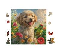 100 Piece Jigsaw Puzzle for Adults Chiot Golden Retriever with Perroquet 28x28cm Expert Level Challenging Puzzle Great for Collectors Logical Thinking Skill Improvement Brain Training