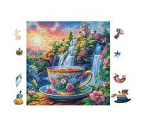 100 Piece Jigsaw Puzzle for Adults Teacup avec des Fleurs and Waterfall 28x28cm Valentine's Day Gift for Couple Fun Bonding Activity Smooth Assembly Leisure Time Together