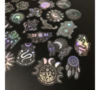 100 pièces Autocollants argentés au laser, étiquettes adhésives transparentes imperméables en PET, style bohème: lune, soleil, strass, plume, serpent, chat. Rentrée scolaire Taille UniquePET