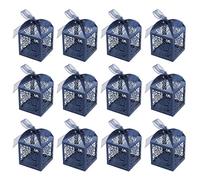 100 pièces boîte à bonbons de mariage creuse bleu marine, boîtes à dragées de fête en dentelle pour fête prénatale, anniversaire avec rubans, coffret d'emballage bonbons mariage bleu royal