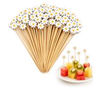100 Pièces Brochettes Cocktail 12 CM, Forme de Marguerite Décoration | Pique Cocktail Été en Bois, Pic Aperitif Bambou, Cure Dent Decoratif pour Fruits, Gâteaux, Desserts, Aliments, Boissons