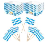 100 Pièces Drapeau Cure-dent Bavière, 20 Pièces Barquette Carton, Mini Drapeau Cocktail de Oktoberfest, Boîtes à Popcorn, Bleu et Blanc, pour Frites, Collations, Macarons, Currywurst, Salade