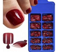 100 pièces Faux ongles de pied brillants, 12 tailles/boîte, bordeaux, à pression, couvrance intégrale, pointes d'ongles de pied carrées courtes, autocollants acryliques artificiels pour pédicure, four
