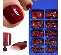 100 pièces Faux ongles de pied brillants, 12 tailles/boîte, couleur bordeaux, à pression, couvrance intégrale, faux ongles de pied carrés courts, autocollants de pédicure acryliques artificiels, fourn