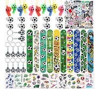 100 Pièces Favoris de fête pour le football avec Slap Bracelet, Autocollants, Anneau en silicone Porte-clés, Autocollants de tatouage, football Sifflet pour les décorations de la fête du football