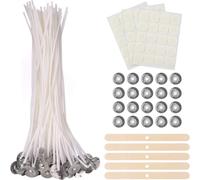 100 Pièces Meche Bougie, 15cm Mèche pour Bougie, Coton Mèche de Bougie avec 5 Supports Mèches en Bois, 60 Autocollants Double Face pour DIY Bougies