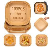100 Pièces Papier Sulfurisé Carré pour Air Fryer, 16 cm Papier Cuisson Antiadhésif Sans Huile Accessoire Friteuse à Air pour Recette et Protection Compatible 4.5-6L, Brun