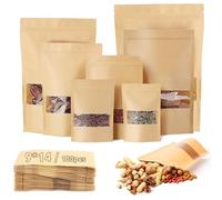 100 Pièces Pochette Kraft 15X10cm Sachet Kraft Alimentaire Réutilisables Sac Papier Kraft Sachet Kraft Zip Emballage Alimentaire avec Fenêtre Transparente pour Noix Nourriture Grains de Café