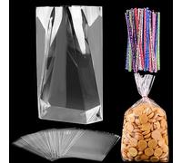 100 Pièces Sachet Bonbon Transparents 20 x 30 cm Sachets Transparents pour Biscuits avec 100 Cravates Torsadées Colorées Sachet Plastique Plat pour Cadeaux Bonbon Biscuit Gateau Savon Jouets