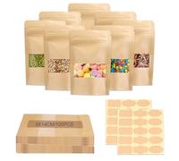 100 Pièces Sachet Kraft Alimentaire avec Fenetre 9x14cm Pochette Kraft Zip Sachet Kraft Réutilisables Sac Papier Kraft Zip Emballage Alimentaire pour Tisane Noix Grains Café Épices Halloween et Noël