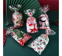 100 Pièces Sachet Plastique Cadeau Noel Transparent, pour Biscuits Bonbons Gâteaux Chocolat, Sacs Cadeaux Père Noël Renne Bonhomme de Neige Fête Sac