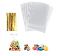 100 Pièces Sachets Cellophane Transparent, 20 x 30 cm, pour Chocolat, Bonbons, Pain, Sachets Bonbons avec Ruban Doré