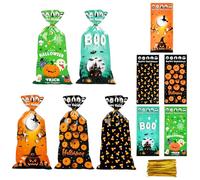 100 Pièces Sachets de Bonbons D'Halloween, Sachets D'Halloween avec Éléments Vibrants, Sacs de Bonbons D'Halloween avec 120 Attaches, Sacs Cadeaux pour Bonbons, Snacks, Biscuits - 27 x 12,5 cm