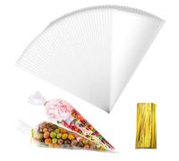 100 Pièces Sachets Transparents Bonbons, Sacs à Cône Transparent, Sacs Cellophane avec Ruban d'or, Cône Bonbons Friandises Pochette, Sac de Bonbons, pour Fête De Mariage Anniversaire Festivals