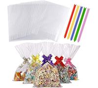 100 Pièces Sacs en Cellophane Clair Sachet Bonbon Transparent,25 X15cm Transparentes Anniversaire Cellophane Clair avec 100 Nœuds de Différentes Couleurs pour Emballer les Bonbons Petits Cadeaux déjà