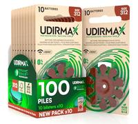 100 Piles Auditives PR41 Taille 312 (Marron) Udirmax Zinc-Air 0% Mercure 1,45V avec Technologie Dynamic Sonar Eco Pack - 10 Blisters Écologiques de 10 Piles
