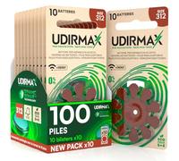 100 Piles Auditives PR41 Taille 312 Marron - Udirmax Zinc-Air 1,45V sans Mercure avec Technologie Dynamic Sonar - Eco Pack 10 Blisters Écologiques de 10 Piles