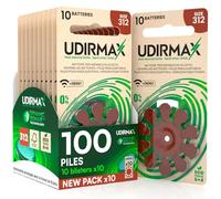 100 Piles Auditives PR41 Taille 312 Marron - Udirmax Zinc-Air sans Mercure 1,45V Technologie Dynamic Sonar Format Eco Pack - 10 Blisters Écologiques de 10 Piles