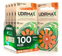 100 Piles Auditives PR48 Taille 13 (Orange) Udirmax Zinc-Air 0% Mercure 1,45V Eco Pack - 10 Blisters Écologiques de 10 Piles