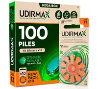 100 Piles Auditives PR48 Taille 13 Orange - Zinc-Air 1,45V Udirmax avec Technologie Dynamic Sonar - Format Eco Pack - 10 Blisters Écologiques de 10 Piles