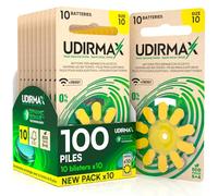 100 Piles Auditives Taille 10 Udirmax PR70 Jaune Zinc-Air Eco Pack - 10 Blisters Écologiques de 10 Piles