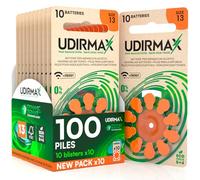 100 Piles Auditives Taille 13 PR48 (Orange) - Udirmax Zinc-Air avec Technologie Dynamic Sonar - Format Eco Pack - 10 Blisters Écologiques de 10 Piles