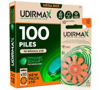 100 Piles Auditives Taille 13 PR48 Orange Udirmax Zinc-Air Eco Pack - 10 Blisters Écologiques de 10 Piles