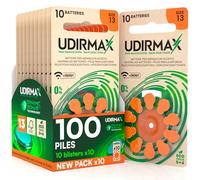 100 Piles Auditives Taille 13 Udirmax PR48 Orange Zinc-Air avec Technologie Dynamic Sonar Eco Pack - 10 Blisters Écologiques de 10 Piles
